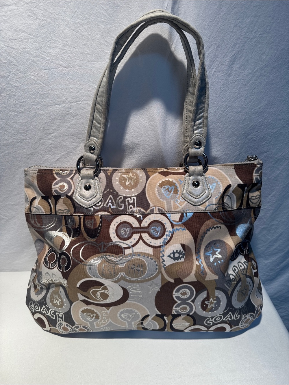 Coach Poppy Neutral Multi-Pattern Tote in Taupe, Brown and Cream - Picture 4 of 14